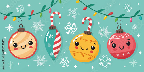 Vector illustration of christmas  festive christmas ornaments with cute faces and string lights above