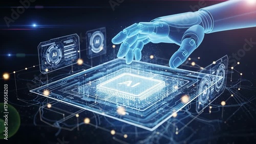 A futuristic robotic hand interacts a glowing holographic interface an chip data streams, symbolizing artificial intelligence advanced technology