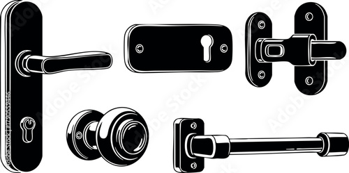 Door handle lock latch knob hardware vector set isolated black silhouette design