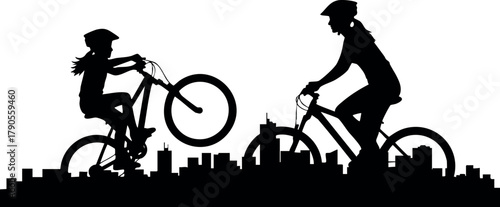 Children riding bicycles over city skyline silhouette playful outdoor activity fun exercise vector illustration