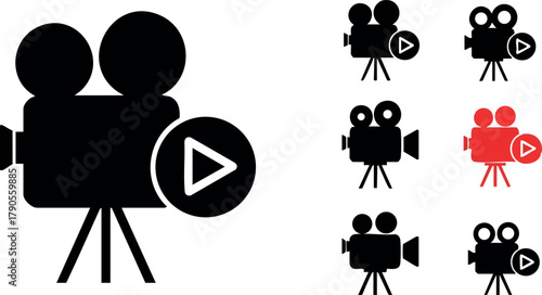 Movie camera icon set with play button for video and multimedia design elements vector illustration