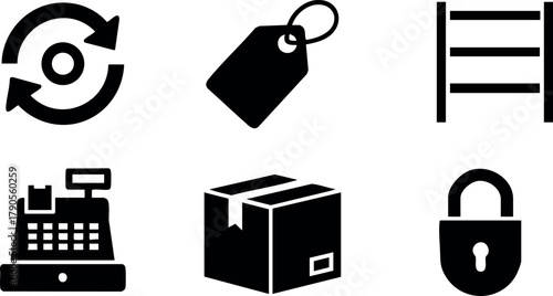 Business and commerce icons with shopping tag, cash register, package, lock, refresh and ladder symbols vector set