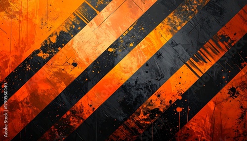 Diagonal black stripes over orange and gray grungy background with splatters and textures