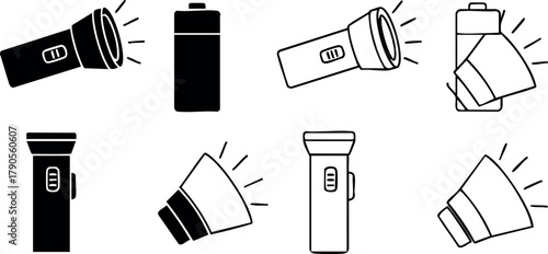 Flashlight icon set with battery symbol in black and white vector design for user interface and technology use