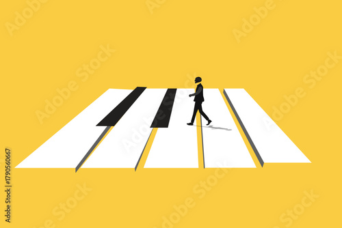 Business opportunity and decision vector concept with businessman walking on piano. Symbol of objective, goal, targets, challenge. Eps10 illustration.