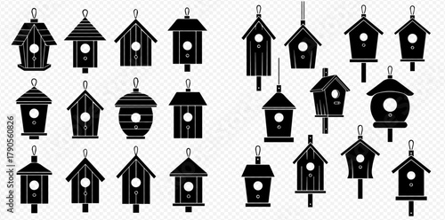 A collection of birdhouse silhouettes in various shapes and designs.