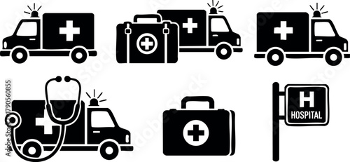 Emergency ambulance truck and hospital medical kit vector icons set with stethoscope and hospital sign