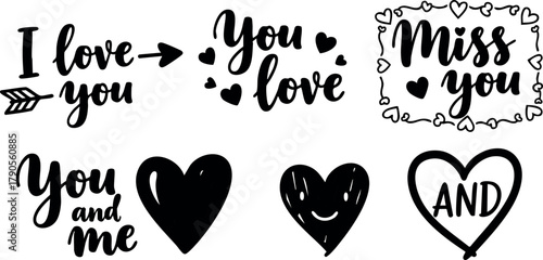 Romantic love lettering set with hearts and miss you phrases in black vector illustration