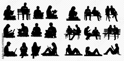 Silhouettes of people reading books and using laptops in various poses.