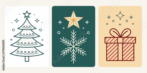 Vector illustration of christmas  three christmas themed cards featuring a tree snowflake and a gift
