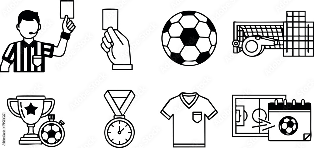 Naklejka premium Soccer referee showing yellow card with football goal, trophy, medal, jersey, and tactics board vector icons collection