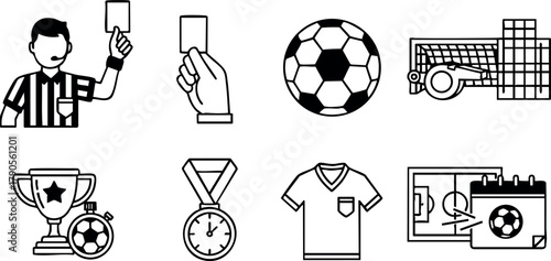 Soccer referee showing yellow card with football goal, trophy, medal, jersey, and tactics board vector icons collection