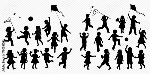 Silhouette illustration of children playing with kites, nets, and balls in various poses.