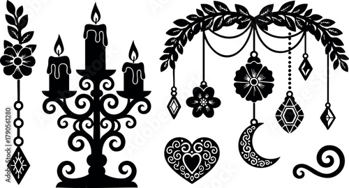 Black silhouette candle holder with floral decorations and hanging ornaments vector design