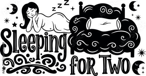 Sleeping for Two vector illustration with woman resting peacefully on bed and dreamy night elements