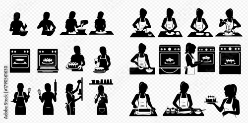 Silhouetted illustrations of a person baking and cooking in the kitchen.