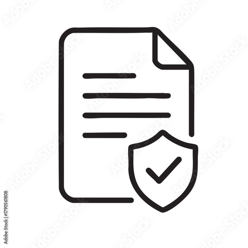 A simple line drawing depicts a document with several lines of text and a security shield below it