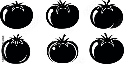 Tomato vegetable silhouette vector set with six black icons for design and illustration purposes