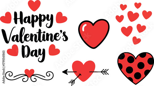 Valentine’s Day hearts and love symbols vector set for romantic greeting cards and festive decoration