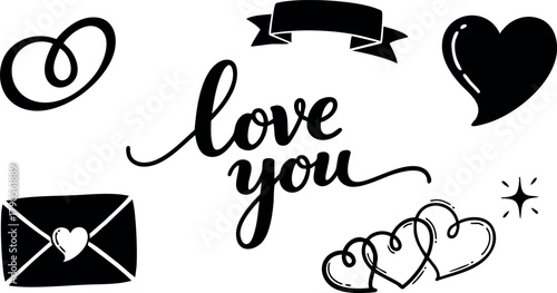 Love You Romantic Heart Shapes Envelope and Rings Vector Design for Valentine or Wedding Greeting Cards