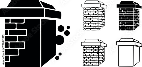 Brick chimney vector set with smoke and roof cap icons in black and white design