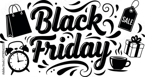 Black Friday shopping sale typography with gift bag alarm clock coffee cup and gift box vector design