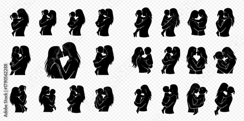 Silhouettes of mothers and children in various poses of affection and care.