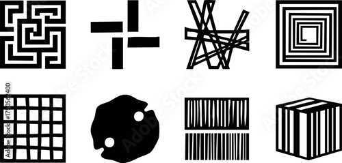 Abstract black geometric shapes and patterns vector set with maze cube and grid designs for creative use
