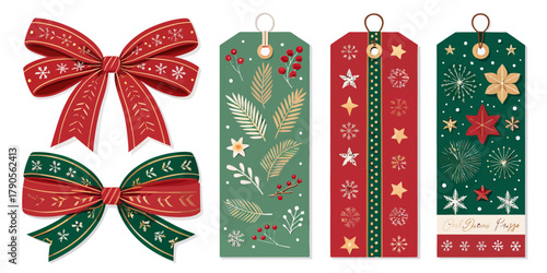 Vector illustration of christmas  illustration of christmas bows and tags with festive decorations