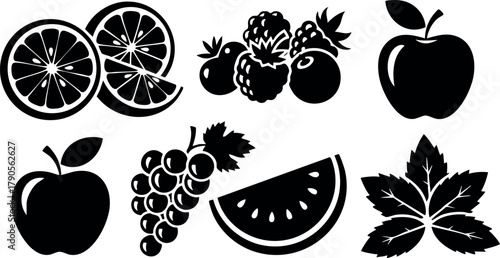 Black silhouette vector set of various fruits including apple, grapes, watermelon, and raspberry with leaf elements for design use
