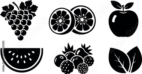 Various fruit icons including grapes, orange slices, apple, watermelon, berries, and leaves in simple black vector style