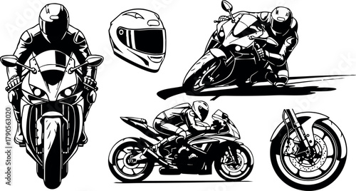 Motorcycle racing vector set with rider poses helmet and motorbike parts in black and white style