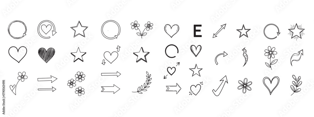 Fototapeta premium Minimalist Hand-Drawn Line Art Icon Set – Heart, Star, Moon, Sun, Flower, Leaf, and More Vector Symbols