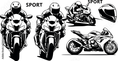 Sport motorcycle racing front and side view with helmet and rider speed action vector illustration