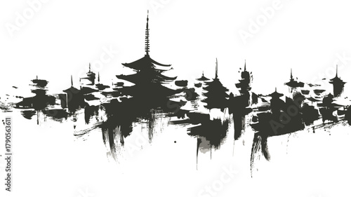 Kyoto city skyline in black ink brush stroke grunge art with traditional Japanese cultural landmarks