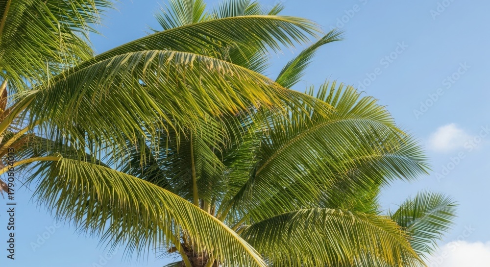 Fototapeta premium Lush Green Palm Tree Fronds Against a Clear Blue Sky