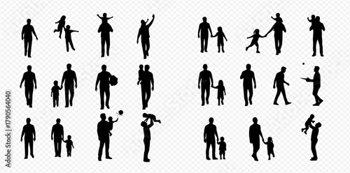 Silhouette illustrations of fathers and children in various poses and activities, isolated on a white background.