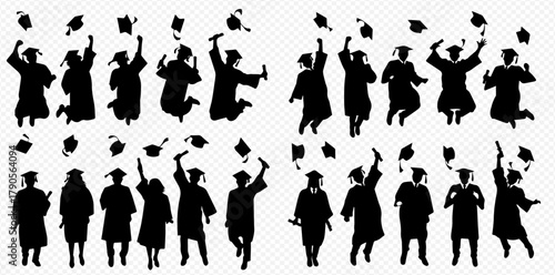 Silhouettes of graduates throwing their caps in the air, celebrating graduation.
