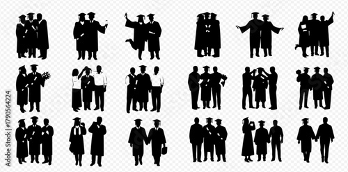 Silhouetted figures of graduates in caps and gowns in various poses.