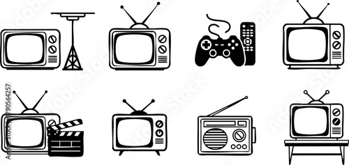 Retro television and media icons collection including game controller radio remote and clapperboard vector set