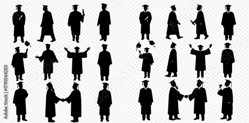 Silhouettes of graduates in gowns and caps in various poses, celebrating graduation.