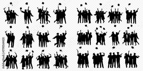 Silhouetted groups of people celebrating graduation by throwing their hats in the air.