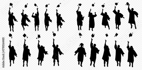 Silhouetted graduates throwing their caps in the air, celebrating graduation.