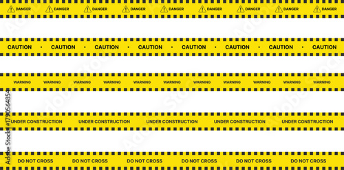 Yellow Black Stripes Line Tape and Caution Barrier Icon set. Warning Ribbon and Critical Safety Alert Symbols. Construction Tape and Danger Zone sign. Hazard Sign and Industrial Warning Border Icon