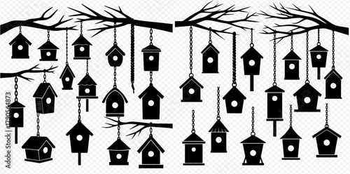 Silhouette of birdhouses hanging from branches, creating a whimsical and decorative scene.
