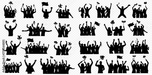 Silhouetted crowd of people cheering and celebrating with raised arms and flags.