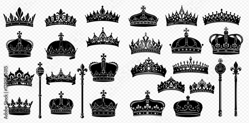 A collection of intricately designed crowns and scepters, showcasing royal elegance and historical significance.
