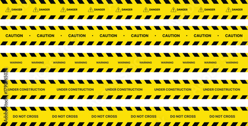 Yellow Black Stripes Line Tape and Caution Barrier Icon set. Warning Ribbon and Critical Safety Alert Symbols. Construction Tape and Danger Zone sign. Hazard Sign and Industrial Warning Border Icon