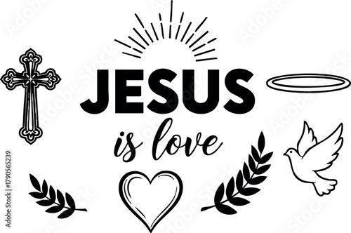Jesus is love religious vector design with cross heart dove and halo symbols for faith and spirituality