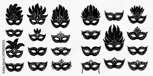 Collection of black masquerade masks with various designs and embellishments.